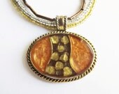 Vintage KC Medallion Necklace, Oval Amber Pendant, Gold, Brown, 3 Strand Beaded, Boho Necklace