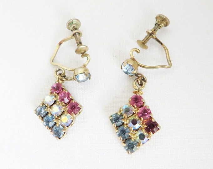 Rhinestone Dangle Earrings, Vintage Red White Blue Screwback Earrings, Diamond Dangles