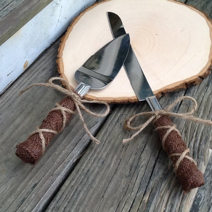 Rustic cake knife set burlap wedding cake knive set by PineNsign