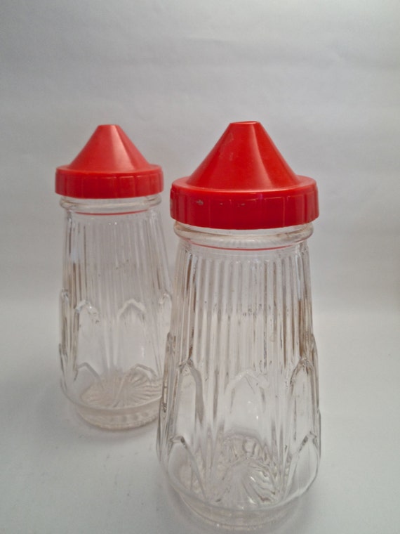 Vintage Retro Glass Sugar Shaker with Red Plastic Top Art Deco