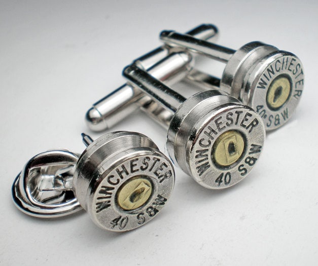 40 S&W Winchester Nickel Bullet Head Groom Groomsman Wedding Cufflinks Tie Tac Lapel Set (2) Sets