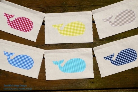 Whale Banner Large Birthday Banner Nautical Banner Baby Shower Photo Prop Gingham Blue Red Yellow Brown Aqua Cake Smash