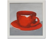 Arte.Pintura acrílica. Taza de café roja. Obra sobre lienzo