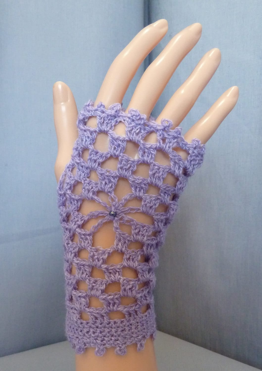 Periwinkle lacy fingerless gloves in merino and silk