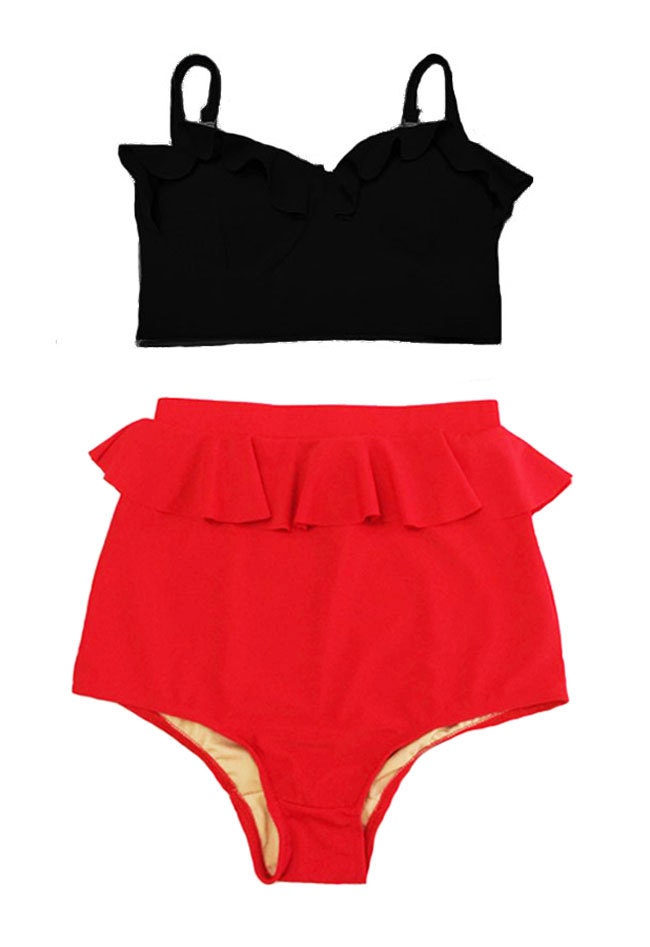 Black Midkini Midkinis Top and Red Peplum Highwaisted High