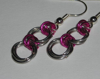 Silver and Fushia Chainmaille Earrings