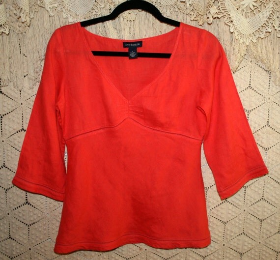 Linen Top XS Linen Blouse Orange Shirt Empire Waist Size 2