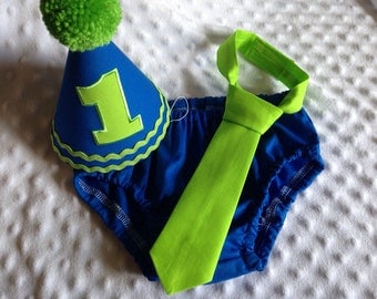 Cake Smash Outfit Boy - Boys Cake Smash Outfit - Blue and Green - Royal and Lime - Diaper Cover, Tie & Birthday Hat - Mix and Match Colors