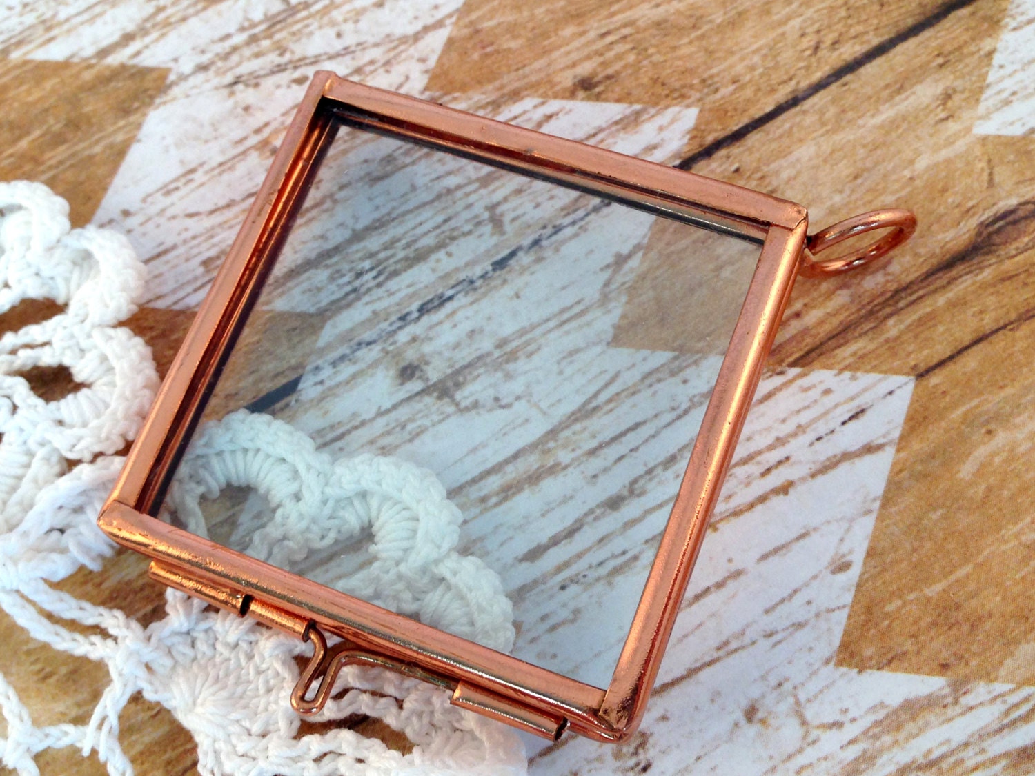 Copper Double Sided Hinged Square Glass Frame Pendant Hinged