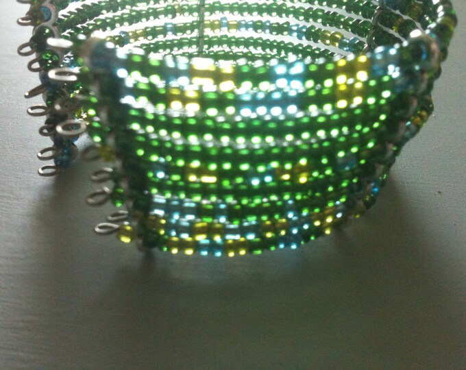 clearance! green and blue glass beaded cuff bracelet