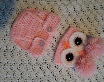crochet owl hat, booties and diaper cover.