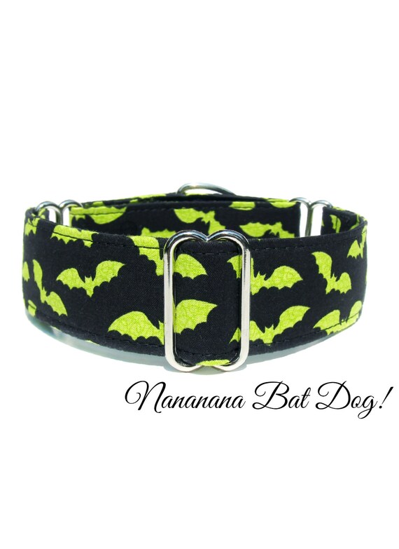 Lime Green Bat Halloween Dog Collar Martingale Buckle or Tag