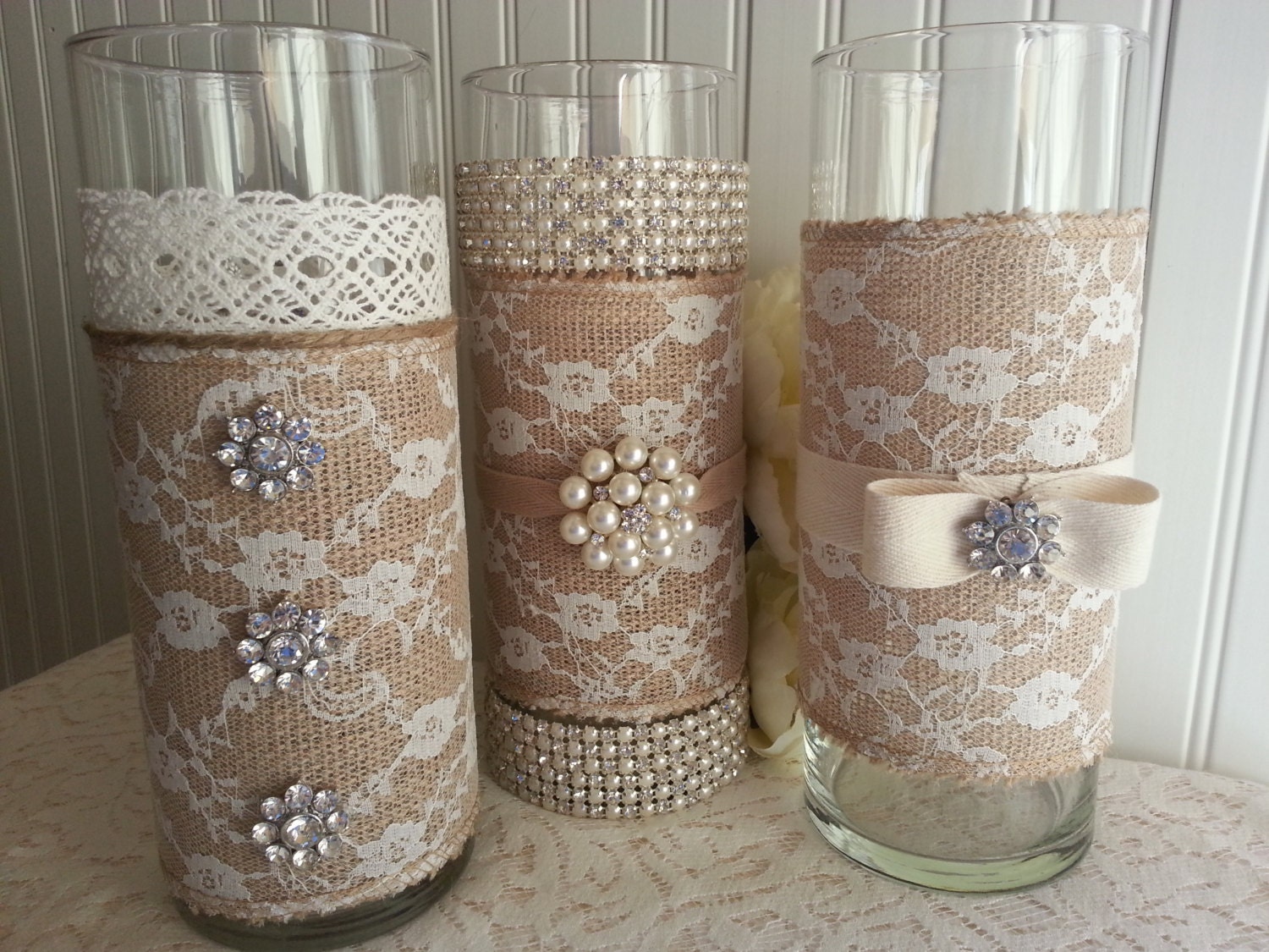 LARGE BURLAP and Lace Vase Victorian Rustic Chic Barn Country