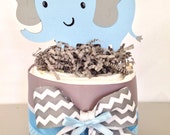 Mini Elephant Baby Shower Diaper Cake, Blue and Gray Elephant Baby Shower Centerpiece