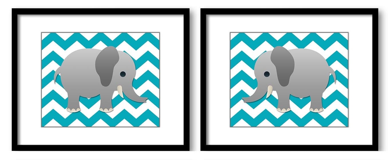 Turquoise Chevron Grey Elephant Nursery Art Nursery Print Set of 2 Elephants Child Art Prints Boy Ki