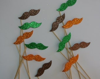 Thanksgiving Photo Booth Party Props autumn colors mustache on a stick orange green brown mustaches Thanks giving party favor table