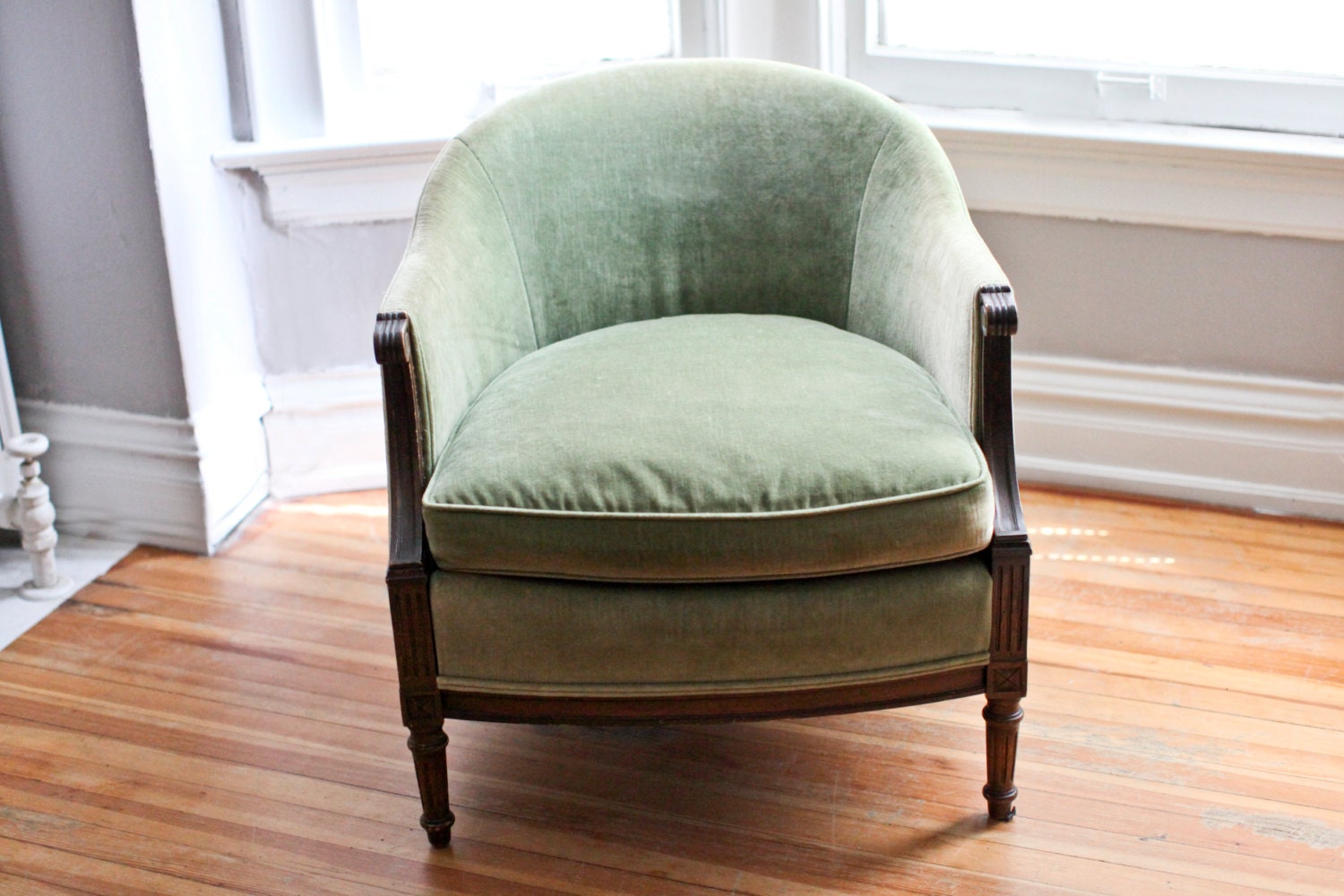 Seafoam Green Velvet Vintage Parlor Barrel Chair RESERVED