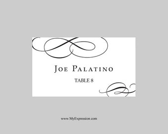 Wedding Place Cards Template Black Calligraphic Flourish Instant Download Editable Ms Word File Wedding Place Cards Template For Microsoft Word