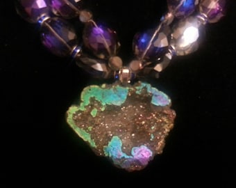 Flashy Titanium Peacock Druzy Geode Faceted Quartz Crystal Stunning Bling Necklace Pageant Wedding Bridal Black Tie Jeans Brilliance Icey