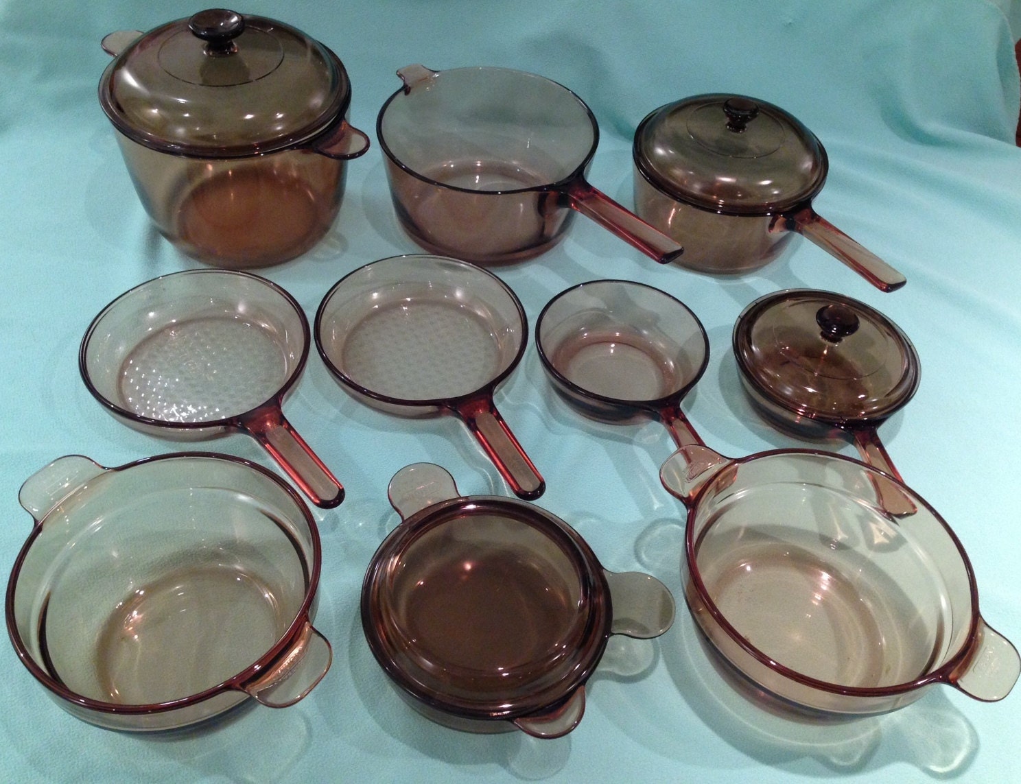 14 Piece Set of Vintage Vision Corning Glass Cookware Pots