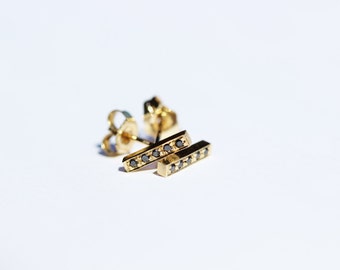 14k Yellow Gold Bar Studs With Blac k Diamonds In Micro Pave Set,Line ...