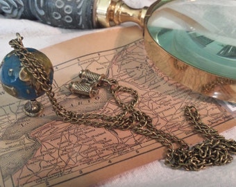 Globe Charm, with Bronze Telescope Pendant Chain Necklace -Handmade