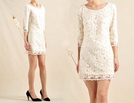 Women Beige Lace 3/4 Sleeve Dresses Sexy Slim Wedding Party Dresses ...