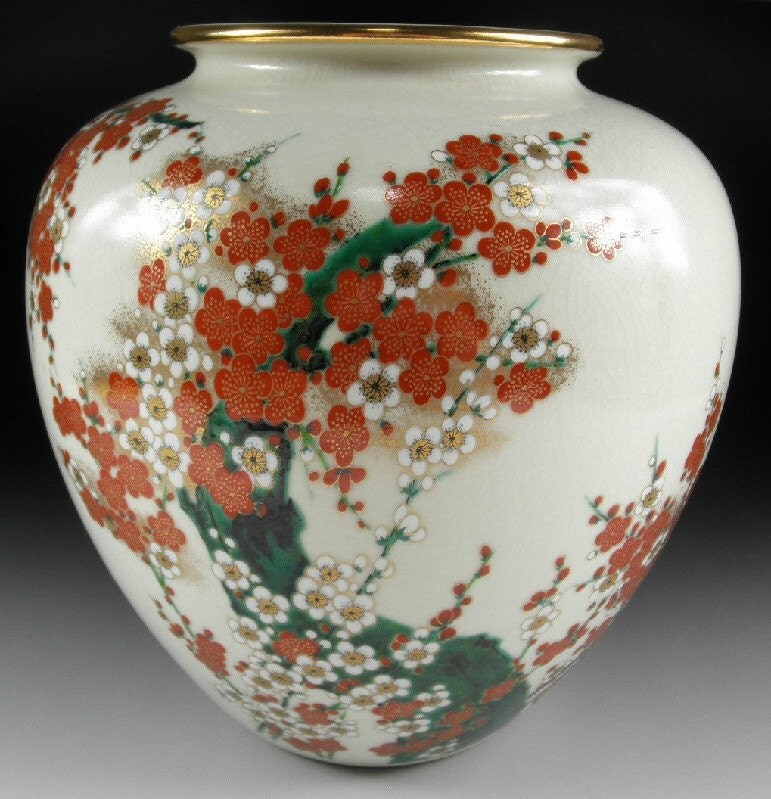 LARGE Kutani Porcelain Vase with Ume Blossoms