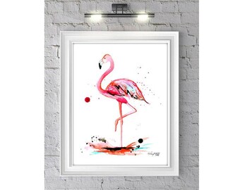 The Pink Flamingo Watercolor Illustration Print-- Home/office decor and wall art, Pink prints