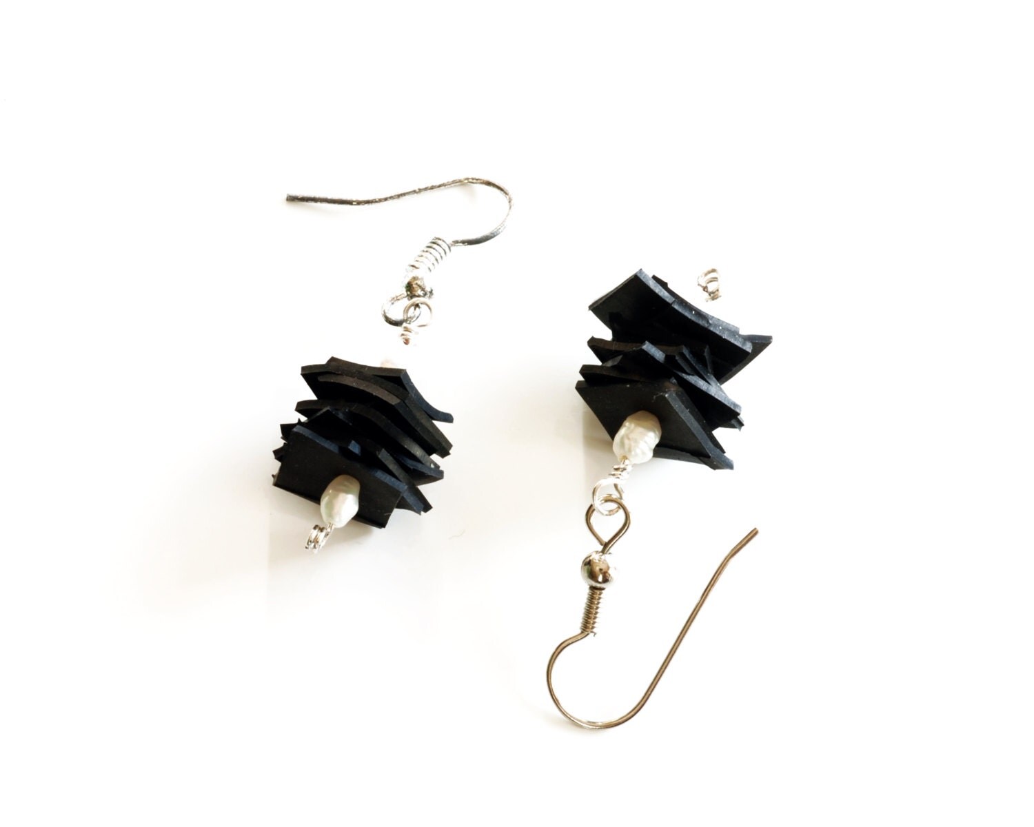 Bicycle tire inner tube stacked square earrings with white