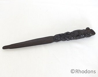 Antique Carved Wood Letter Opener, Black Forest Carving, Mouse & Acorns.