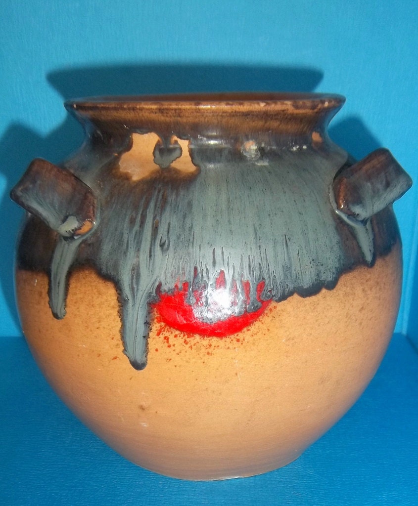 Vintage Drip Glaze POTTERY VASE ITALY 3 Handled Hand Made