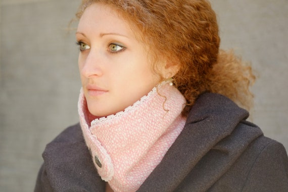 Fashion Cowl Neck Warmer / Light Pink And White Wool Fabric Cowl /  Lace Unique Fall Winter Accessory Two Metal Buttons