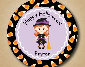 Kids Personalized Halloween Stickers Customized Treat Bag Labels for Halloween Party Witch and Candy Corn Design