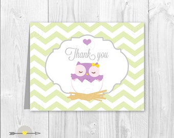 Baby shower thank you card owl chevron green and lavender, lila, purple.