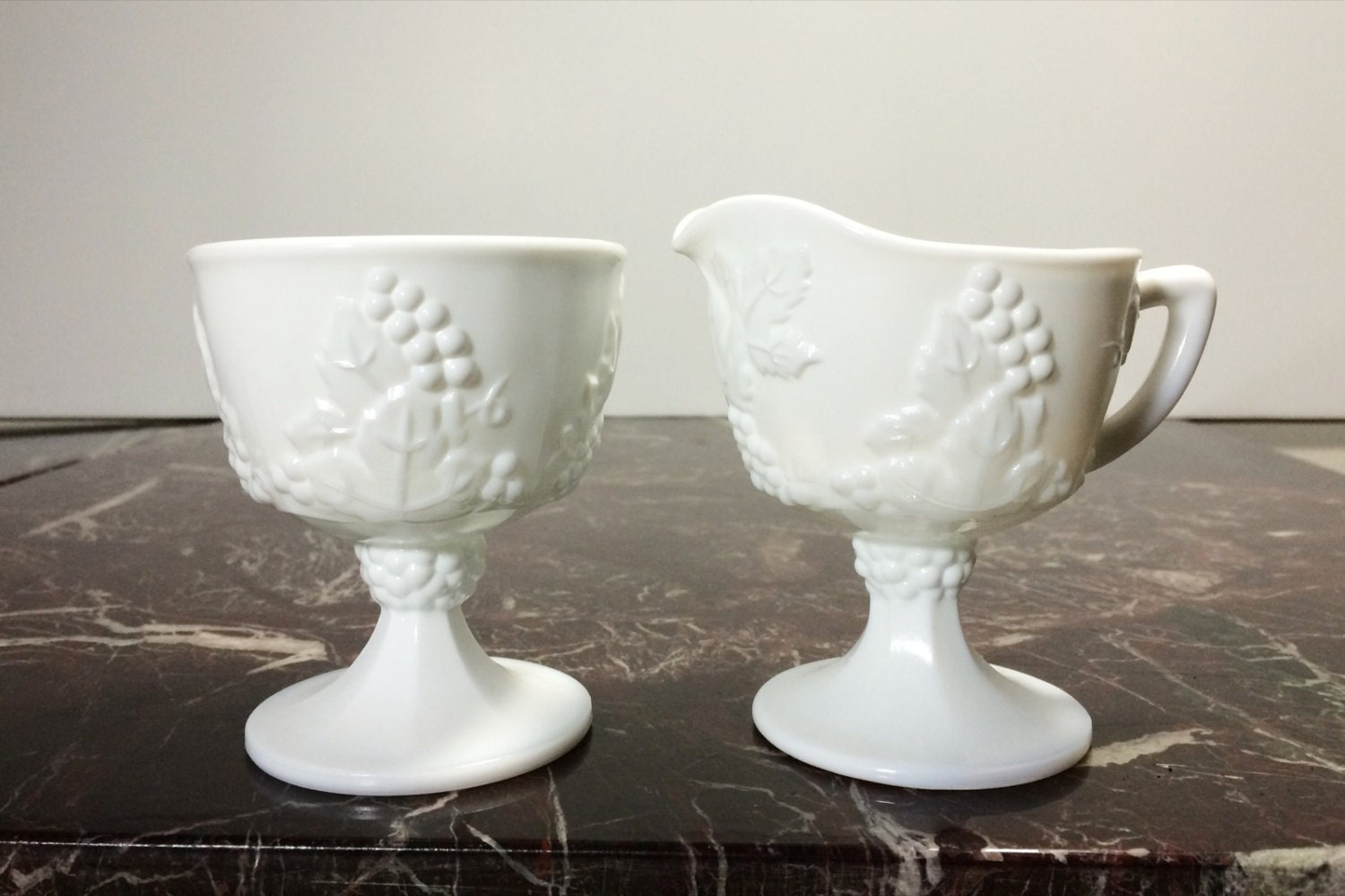 Vintage Milk Glass Footed Sugar and Creamer Set with Harvest