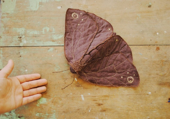 giant moth soft sculpture / plum / linen / textile art