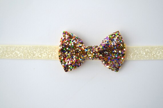 Multi Glitter TINY Bow Ivory Headband Blessing Bow Photo Prop