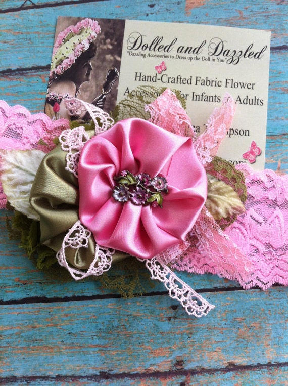 Girls Headband/ Pink and Olive Green/ Satin & Chiffon/ Baby Headband/ Womens Headband,  Brooch/ Hair Accessory/ Flower Hairclip/ Brooch