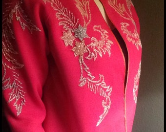 50 % off 60s Pink Beaded Sweater / Bright Pink Wool / Vintage Sweater / Floral / Pearls / Mid-century / Mad Men / Betty Draper / Happy Days