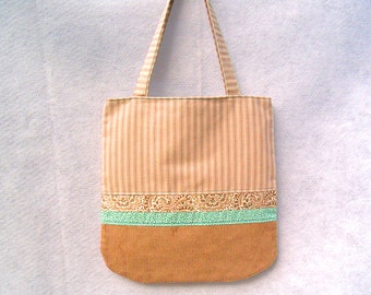 Corduroy Fabric Handbag, Tan Paisley Patchwork Tote Bag, Tan Fabric Tote Bag, Handmade Handbag, Women's Tote Bag