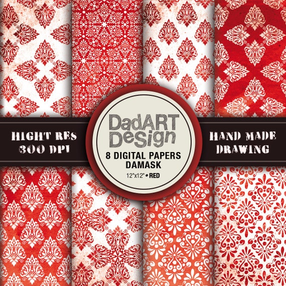 Red damask vintage patterns, 8 sheets digital paper pack, hi res files, instant download