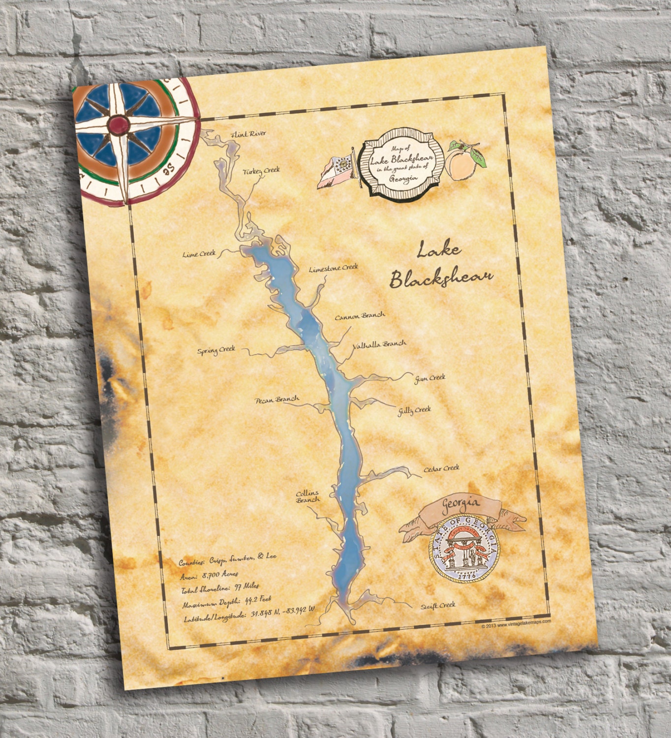 Lake Blackshear GA Vintage Inspired Lake Map Print.