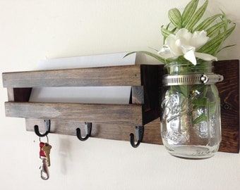 Rustic mail organizer key rack with mason jar, wall mail sorter and key holder, mail holder, entryway organizer, mason jar vase, key hooks