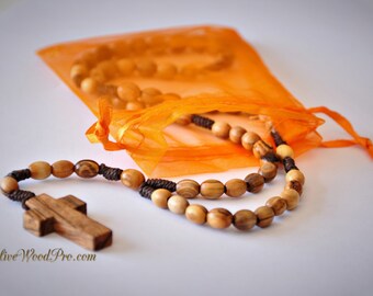 Olive wood rosary Oval beads brown cord rope natural cross made in holy land - Nazareth