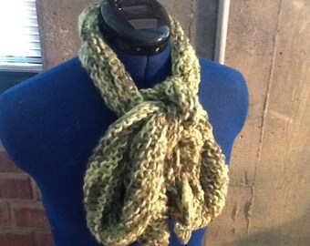 Lime green, diagonal knit scarf.