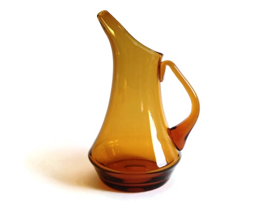 Blown Glass Jug, Cocktail Pitcher or Wine Carafe, Amber Glass, Mid-Century