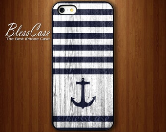 ANCHOR IPHONE 5 CASE With Navy Blue Stripe on Wooden Texture iPhone 5c ...