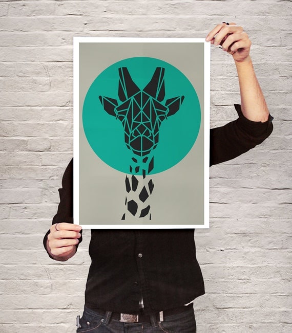 Art Print, Geometric Giraffe Print, Cool Gray Giraffe Art, Teal Circle ...