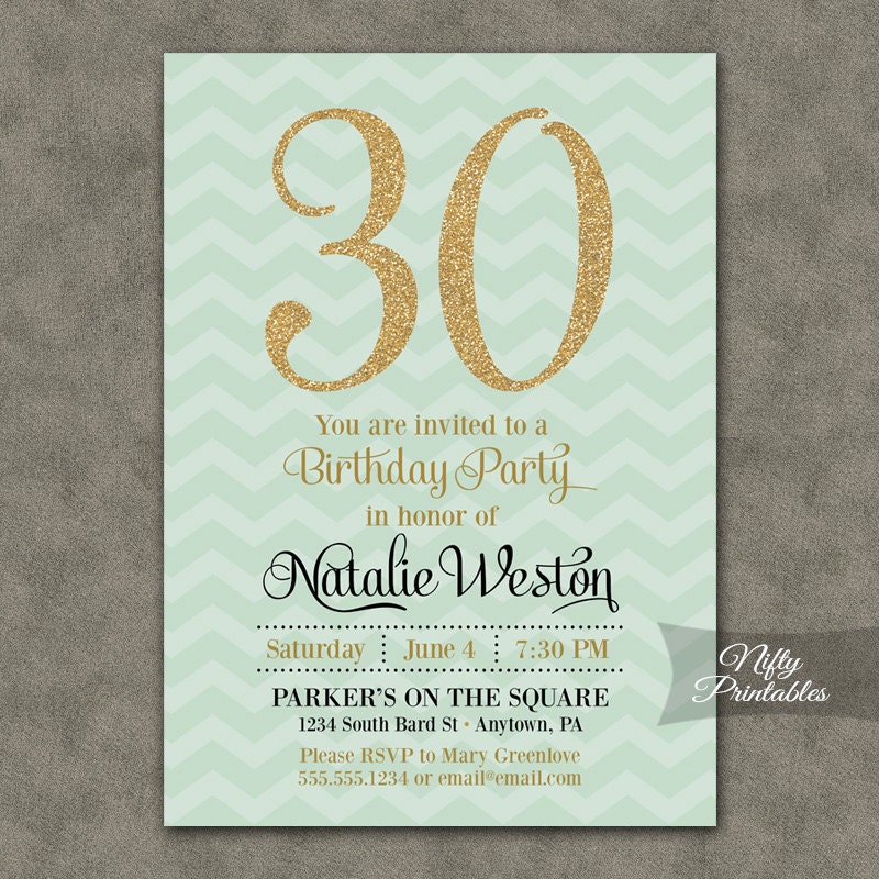 Mint Green & Gold Birthday Invitations ANY AGE 20th 21st